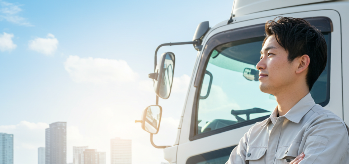 前向きな表情のスタッフとトラック